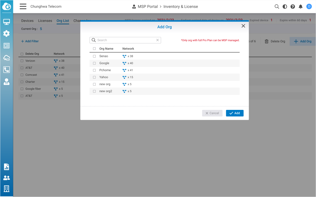 MSP_Licenses_ORG License_Add Org popup